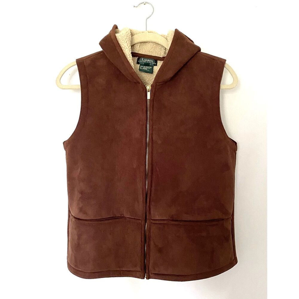 VTG Lauren Ralph Lauren Womens Hooded Faux Suede Detailed Sherpa Lined Vest PS